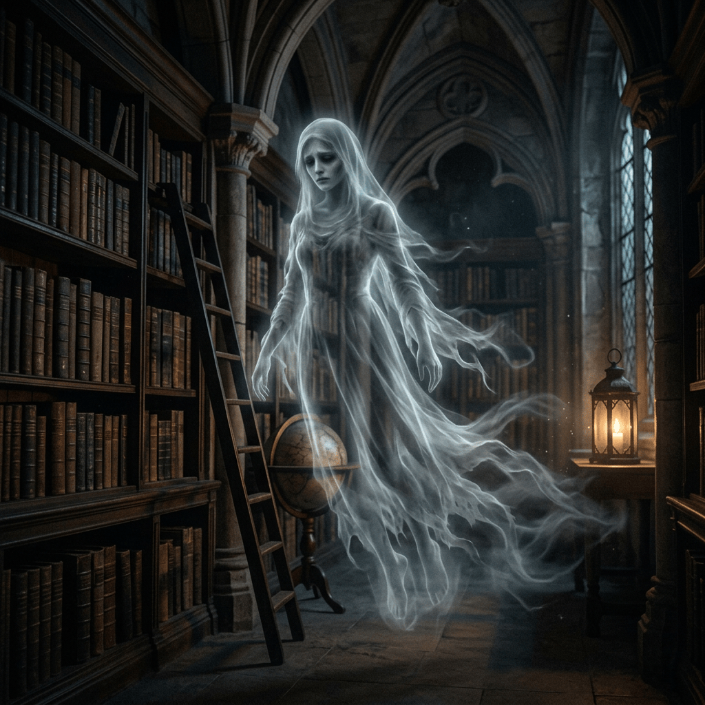 Translucent ghost floating through a candlelit Gothic library